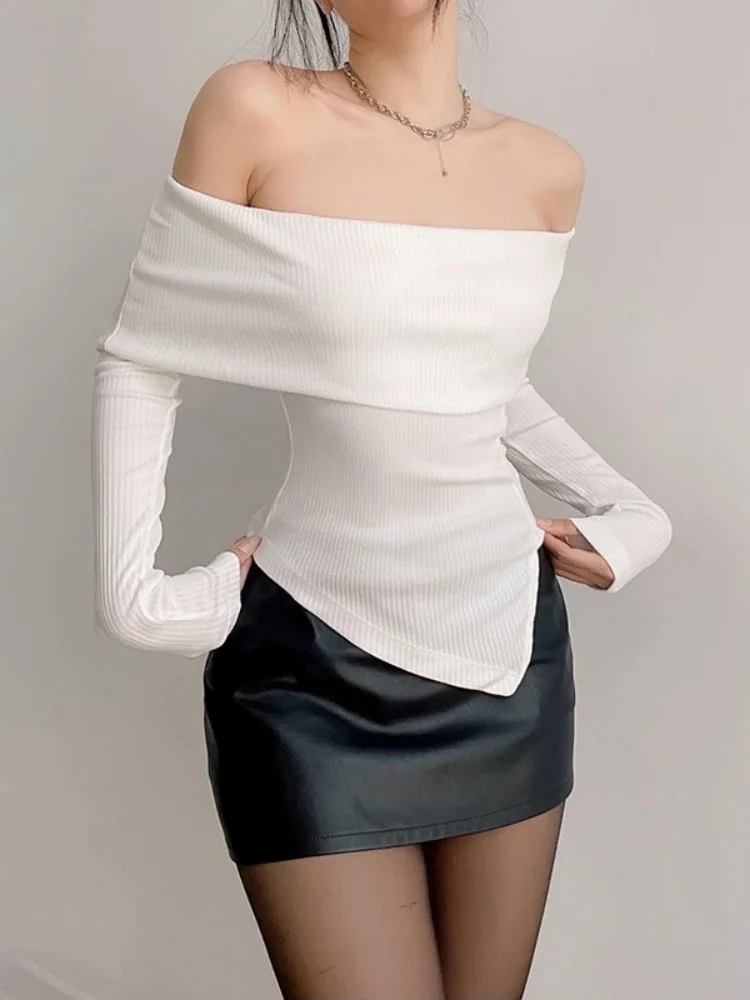 Solid Color Flat Shoulder Neck Irregular Style Shirts For Women Fashion Simple Long Sleeve Women Clothes Streetwear Y2k Top