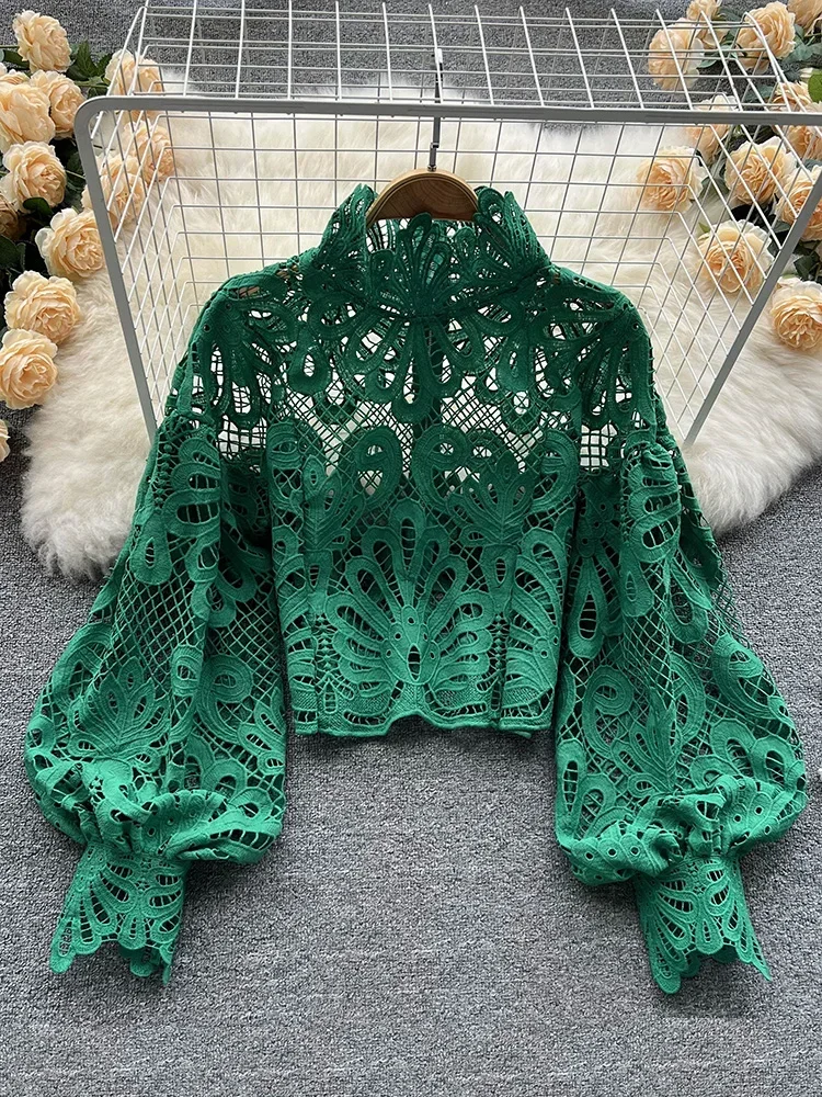 Spring Autumn New Fashion Blouse Female Hollow Lantern Sleeve Temperament Party Stand-up Collar Slim Short Lace Shirt Tops C342