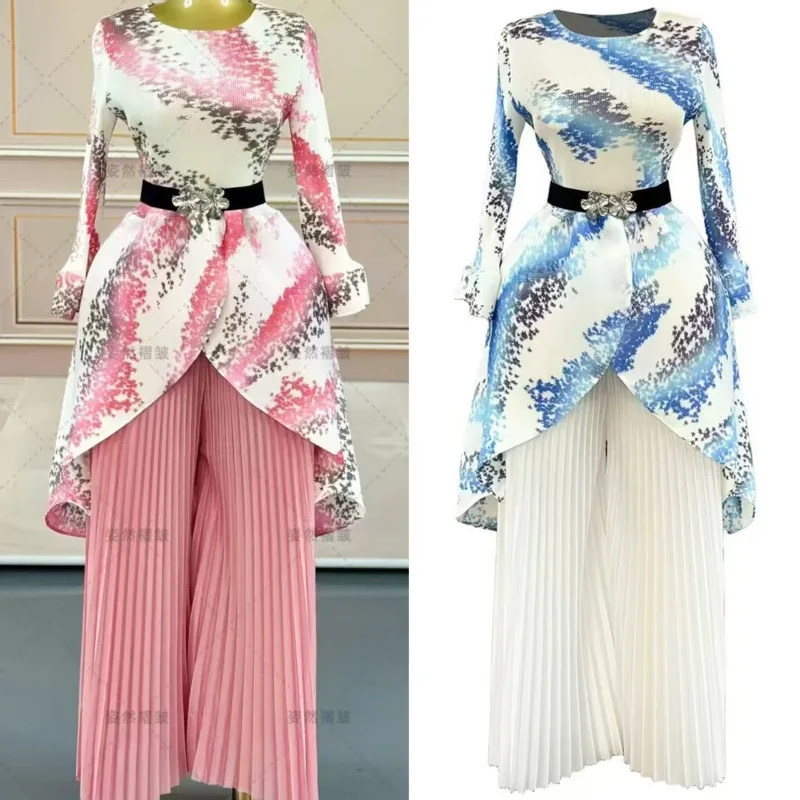 Плиссированный брючный костюм Miyake, осенняя коллекция 2023 года, женский наряд больших размеров, элегантный комплект брюк с принтом плиссе, комплект из 2 предметов