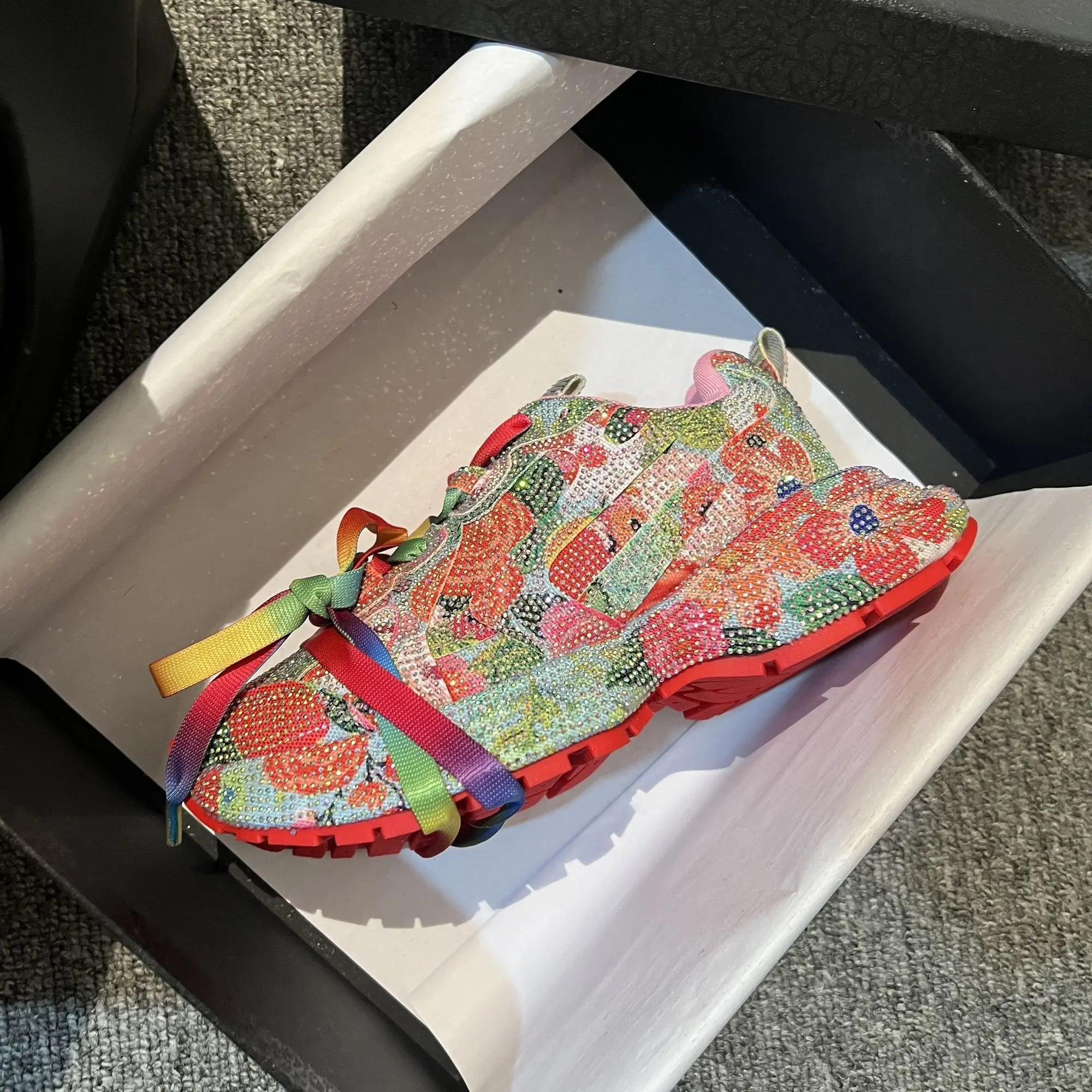 Women's Floral Full Rhinestone Rainbow Lace Chunky Platform Dad Shoes Lace Up Height Boost Street Casual Footwear Drop Shipping