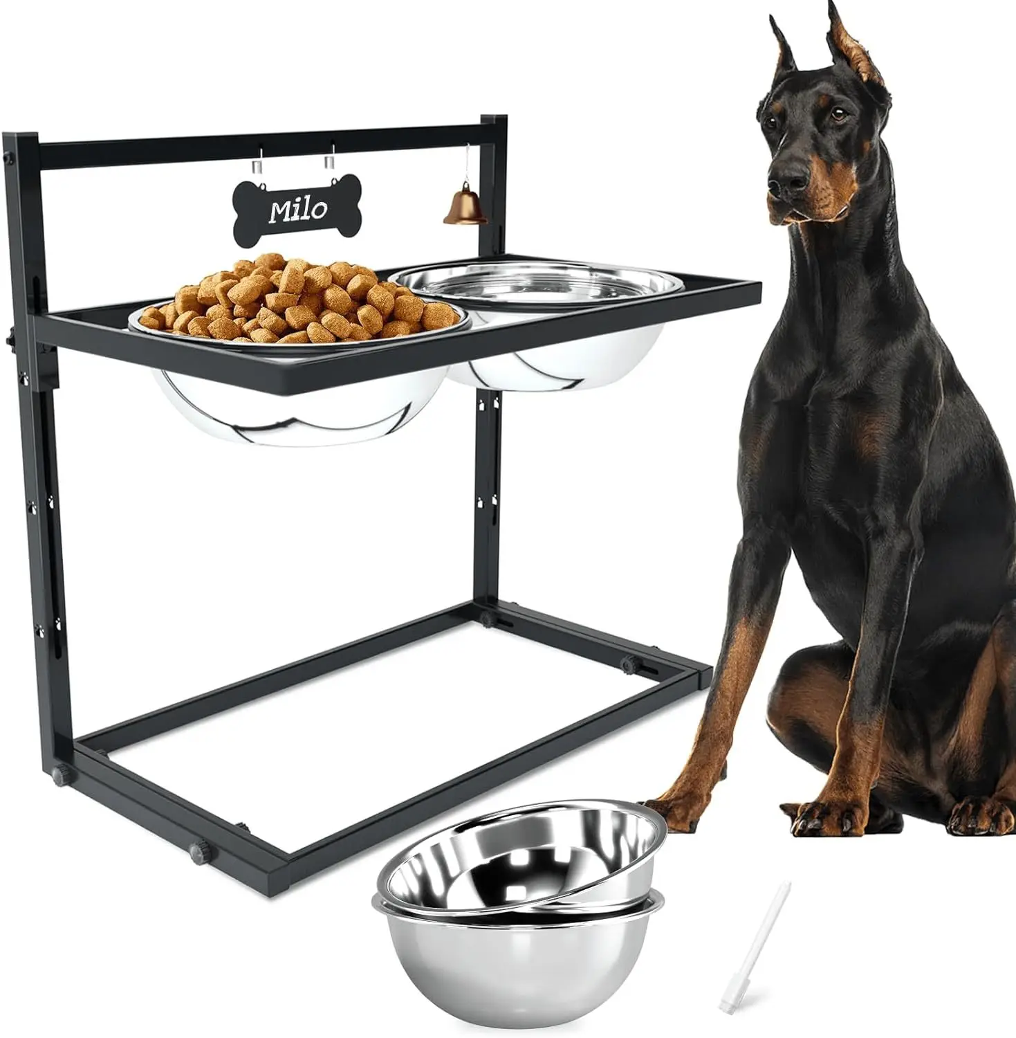 Non-Slip Dog Feeder for Large Medium Dog Elevated Adjustable Raised Bowl Stand with 2 Stainless Steel Dog Food Bowl