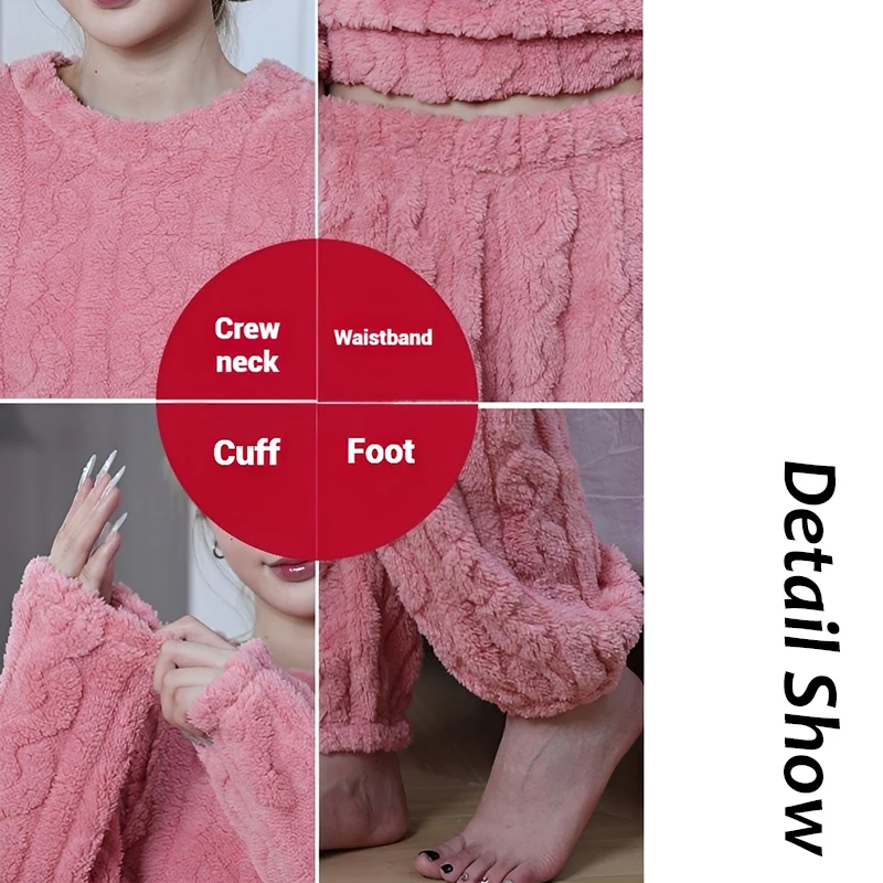 Autumn Women Solid Warm 2 Piece Sets Thicken Velvet Ribbed Fleece Set Pullover And Pants Women Casual Pajama Sets