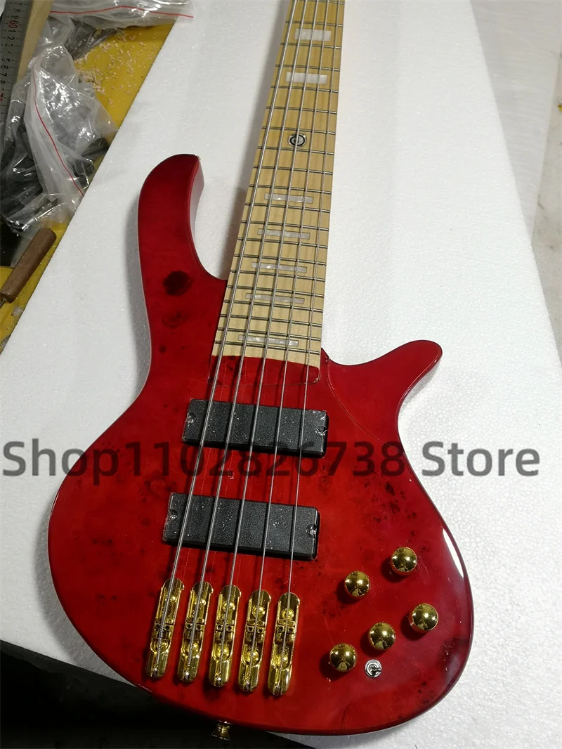 5 String Red Electric Bass Deol body Ash Wood Burl Top Maple fingerboard white shell set 24 Frets active battery active passive