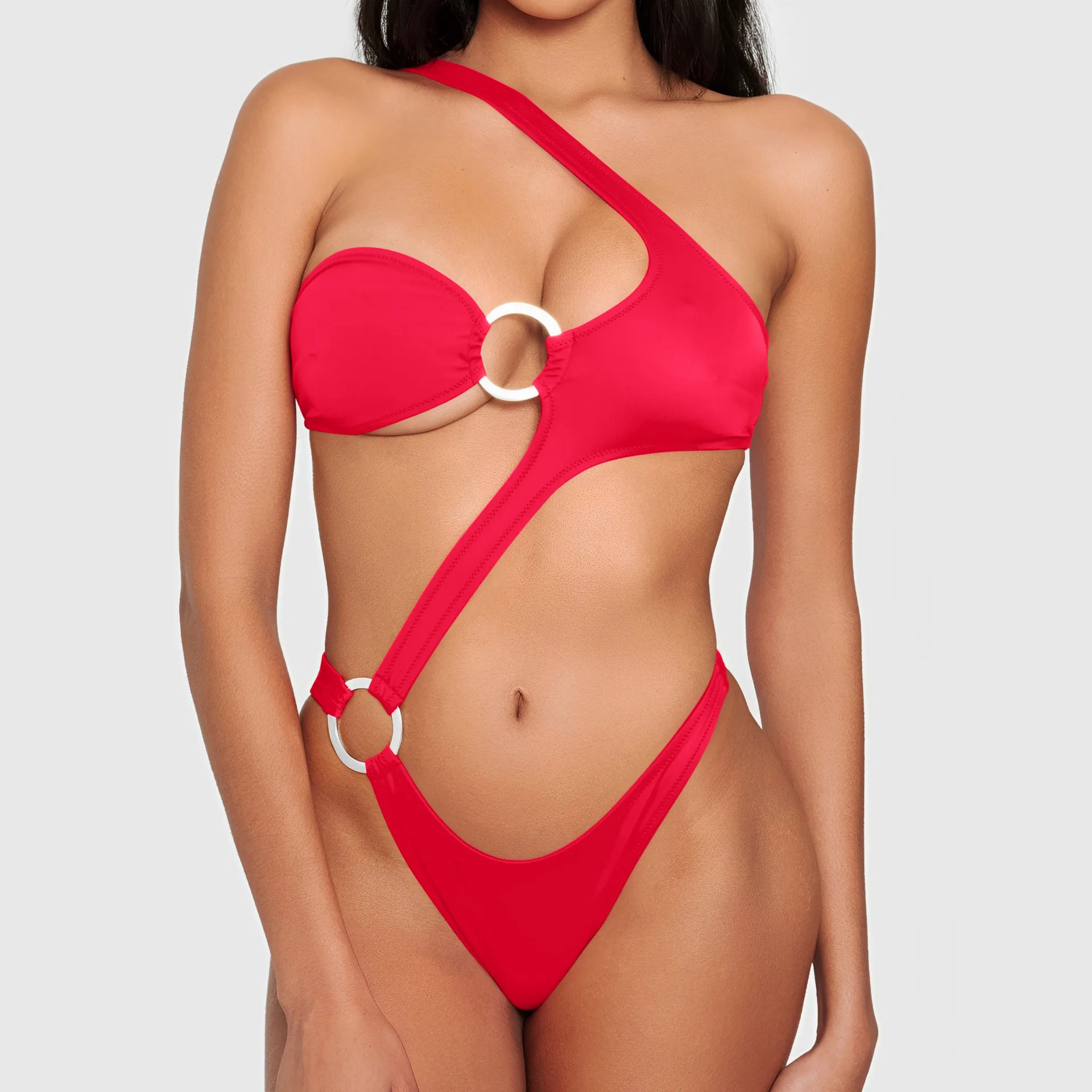 2024 Sexy New One Shoulder Ring One Piece Women Bodysuit Swimwear Sport Style Cut Out Mujer Monikini Swimsuit Female Beachwear