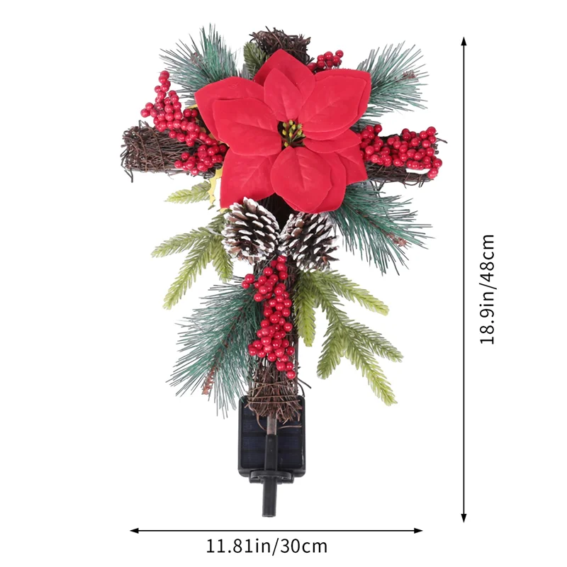 AB15-Weihnachts-Kreuzpfahl, Kreuzpfahl, Metallkreuz, solarbetrieben, mit Lichterketten, natürlichem Rattan, rotem Weihnachtsstern und Beeren