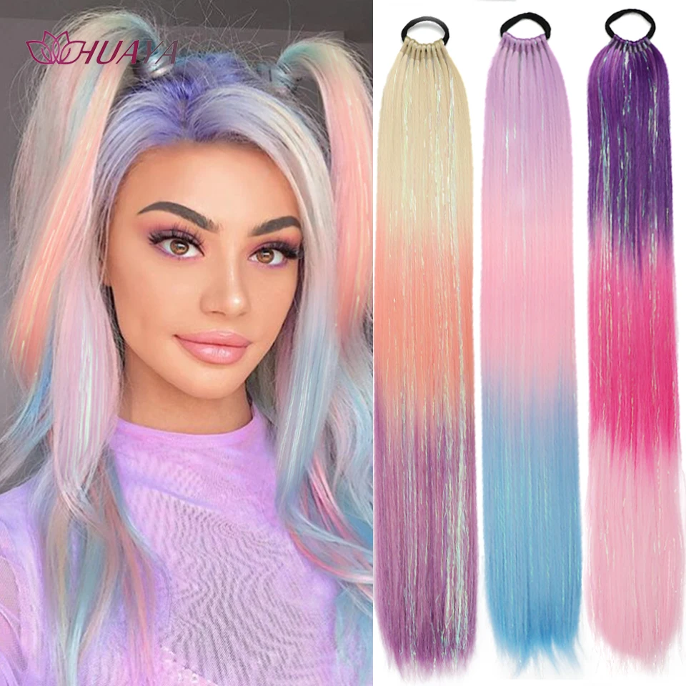 28inch Synthetic Braided Ponytail DIY Ombre Hair Extensions Colorful Hair For Braiding Hair Glitter Christmas Holiday Daily Use