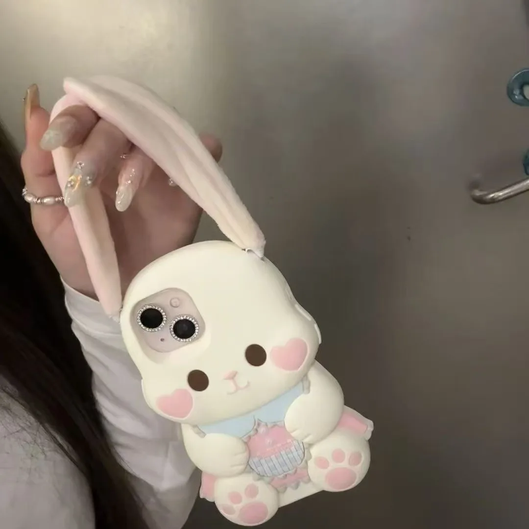 Plush-Eared Pink Rabbit Phone Case for iPhone 17 16 15 14 13 Sweet and Cute Design  Heart-Shaped Rabbit with Fluffy Ears Cover view 2