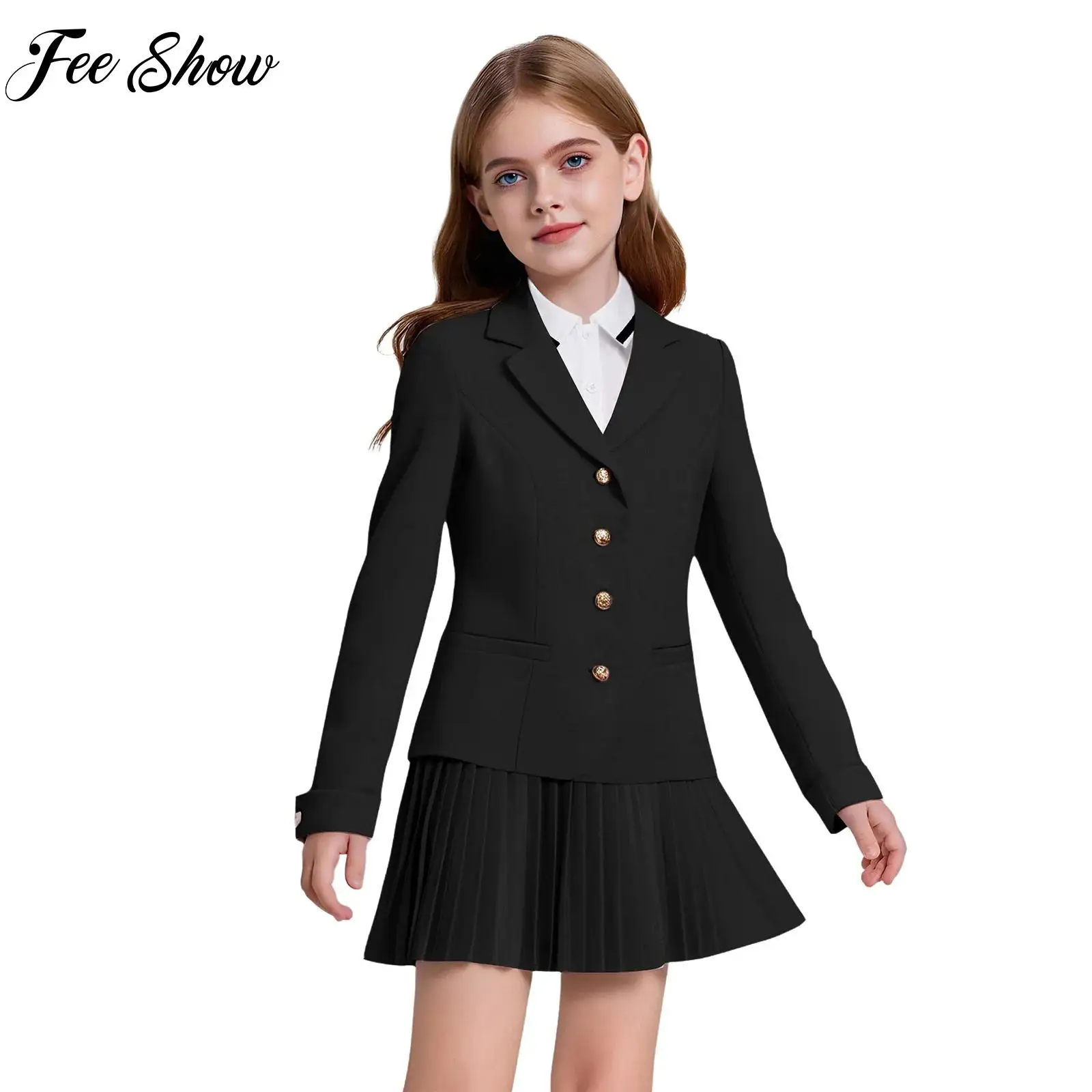 

Girls School Uniform Lapel Button Down Formal Graduation Suit Jacket+Pleated Skirt+Long Sleeve Shirt for Halloween Cosplay Party