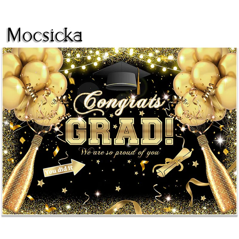 Mocsicka Graduation Party Backdrop Celebration Class of Black Golden Glitter Photography Background Congrats Grad Decor