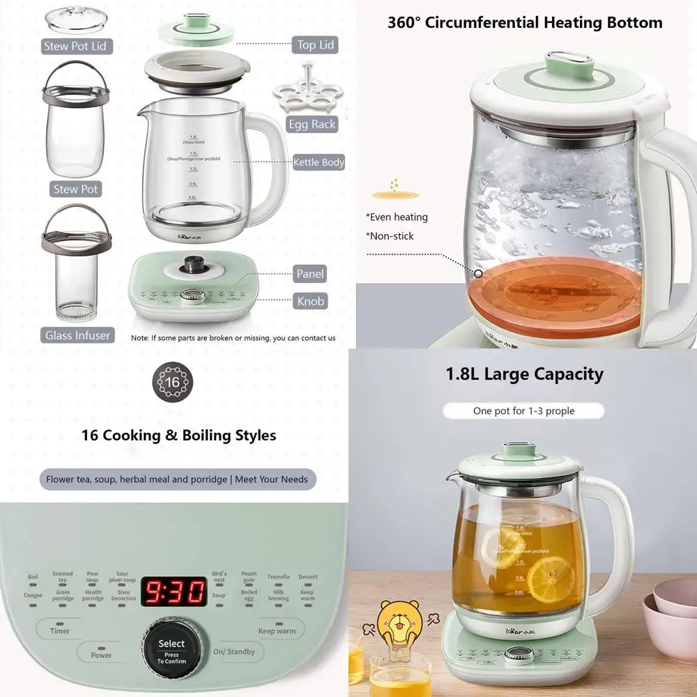 

Стеклянный электрический чайник с заварником, чайник объемом 1,8 л и кастрюля для тушения, 16 меню, 120 В, зеленый