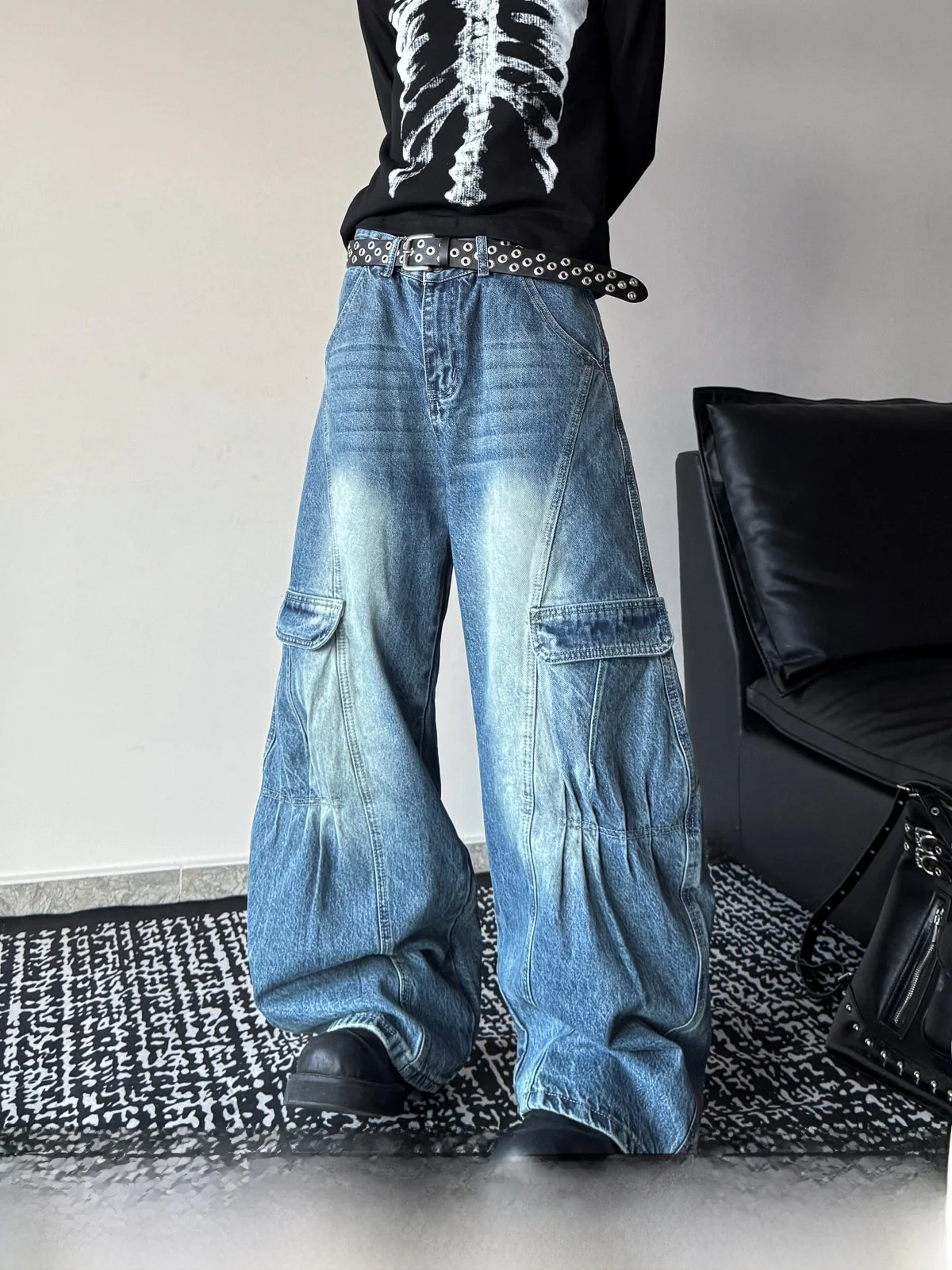 Calças Jeans Unissex Retrô Lavadas com Efeito Desgastado, Perna Larga, Bolsos Grandes, Jeans Dobrado, Estilo High Street, Rou...