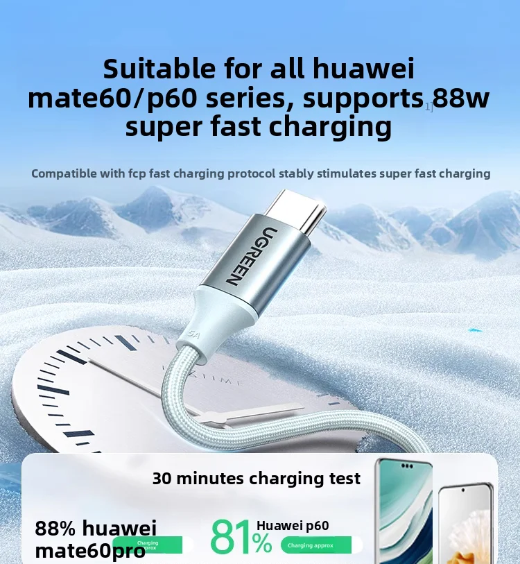 Kabel UGREEN USB C PD 100W 5A Tipe C Pengisian Cepat Kabel Pengisi Daya dengan Casing Aluminium dan Jalinan untuk iPhone 15/16