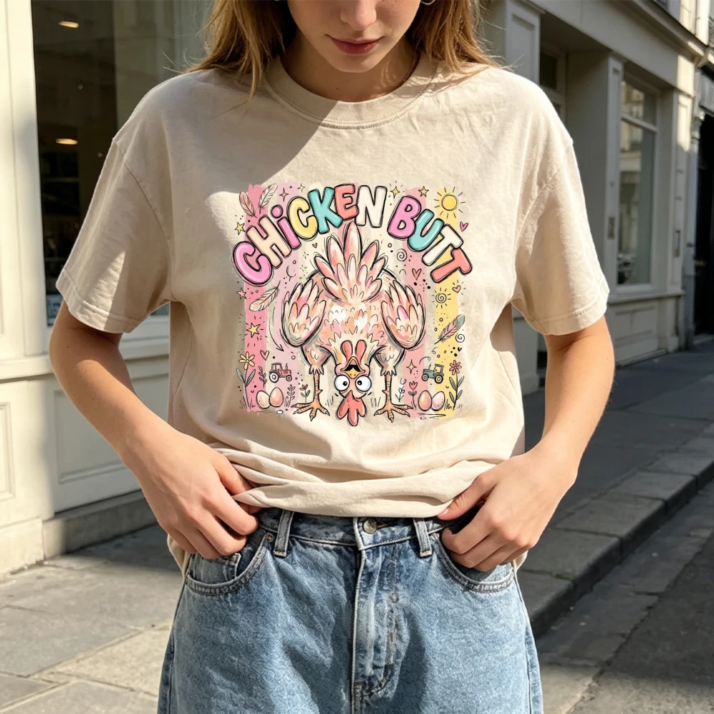 Fall Thanksgiving  Chicken Butt Colorful Doodle Farm Chicken Front Print Country Farm Life Casual Women Short Sleeve T-Shirt