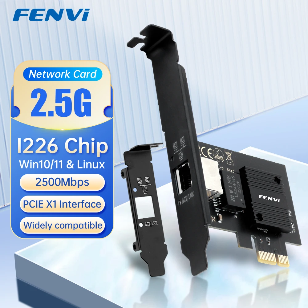 

Сетевая карта FENVI 2.5G PCI-E к RJ45, чип I226, гигабитный Ethernet 100/1000/2500 Мбит/с, адаптер RJ45 LAN PCIe для ноутбуков, ПК, Win 10/11