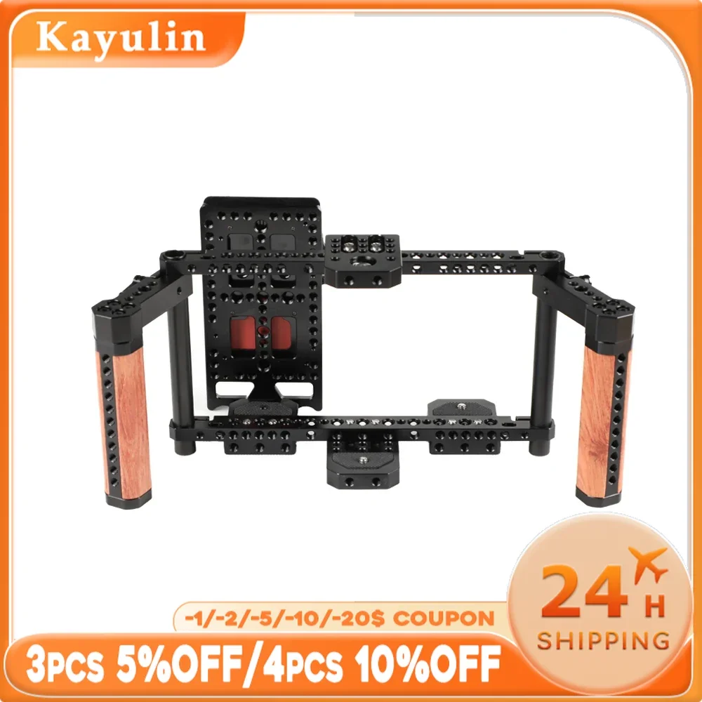 Kayulin Monitor Cage Rig Adjustable Camera 7 inch  With Dual Wooden Handle & Power Supply Splitter for Monitor High Quality