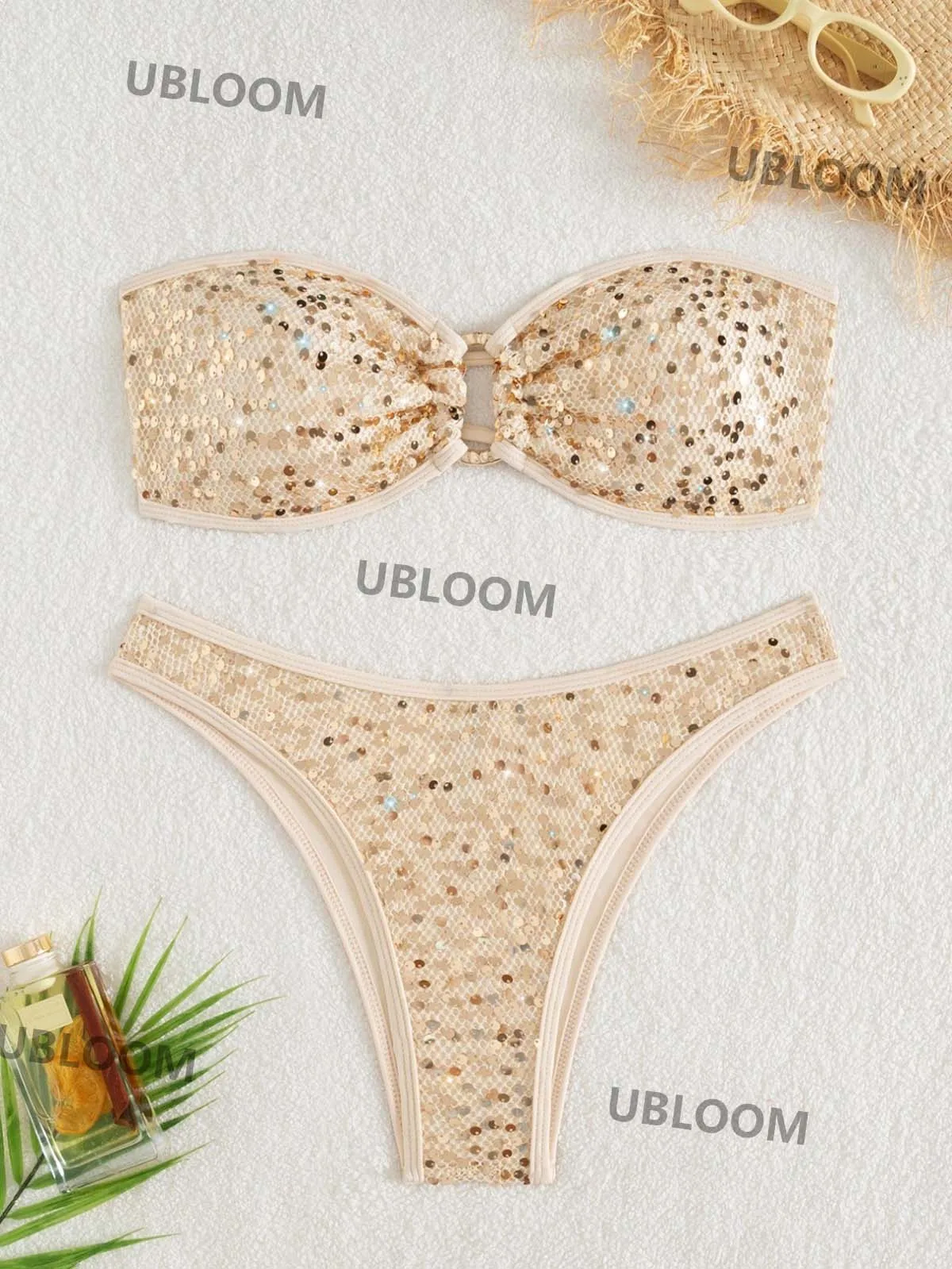 

Sexy Push Up Bandeau Bikini Brazilian Swimwear Glitter Sequined Bathing Suit Bikinis Women Ring Linked Swimsuit Beachwear