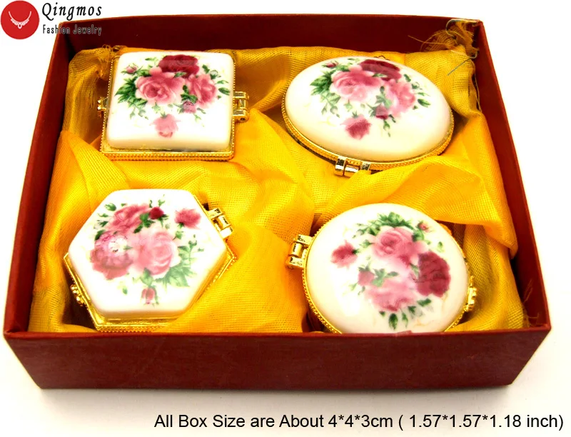 

Qingmos 4 PCS 1.5" (4CM) White China Ceramics Multi Purpose Box for Jewelry Displays with Red Peony Design Jewelry Box Gift Set