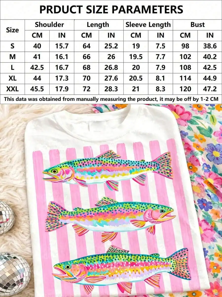 Women's Preppy Coquette Rainbow Trout Fish Neon Pink Aesthetic Coastal Cottagecore Graphic Print T‑Shirt Crew Neck Short Sleeve Summer Loose Fit Casual Tee Top
