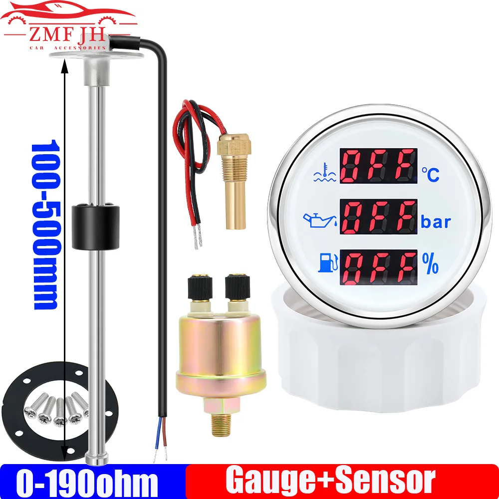 3 In 1 Water Temp Meter+Oil Pressure Meter+Fuel Gauge+Sensor Red Light 0-190 Ohm 52mm Gauge with Alarm for Auto Boat 12V 24V