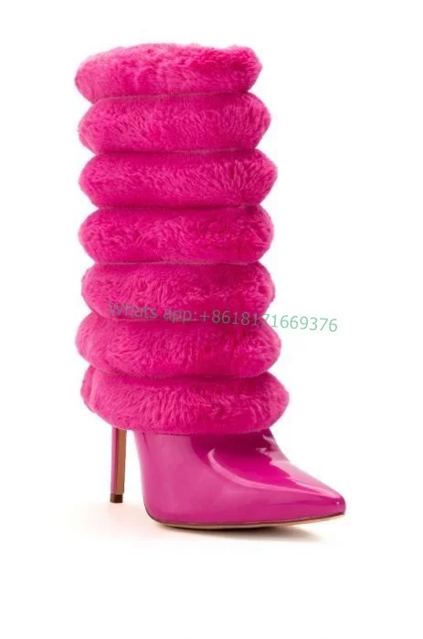 Fuchsia Fur Pointed Toe Stiletto High Heel Boots Fashion Lady Knee High Sexy Boots Luxury Women Shoes Party Fluffy 2023 Leather