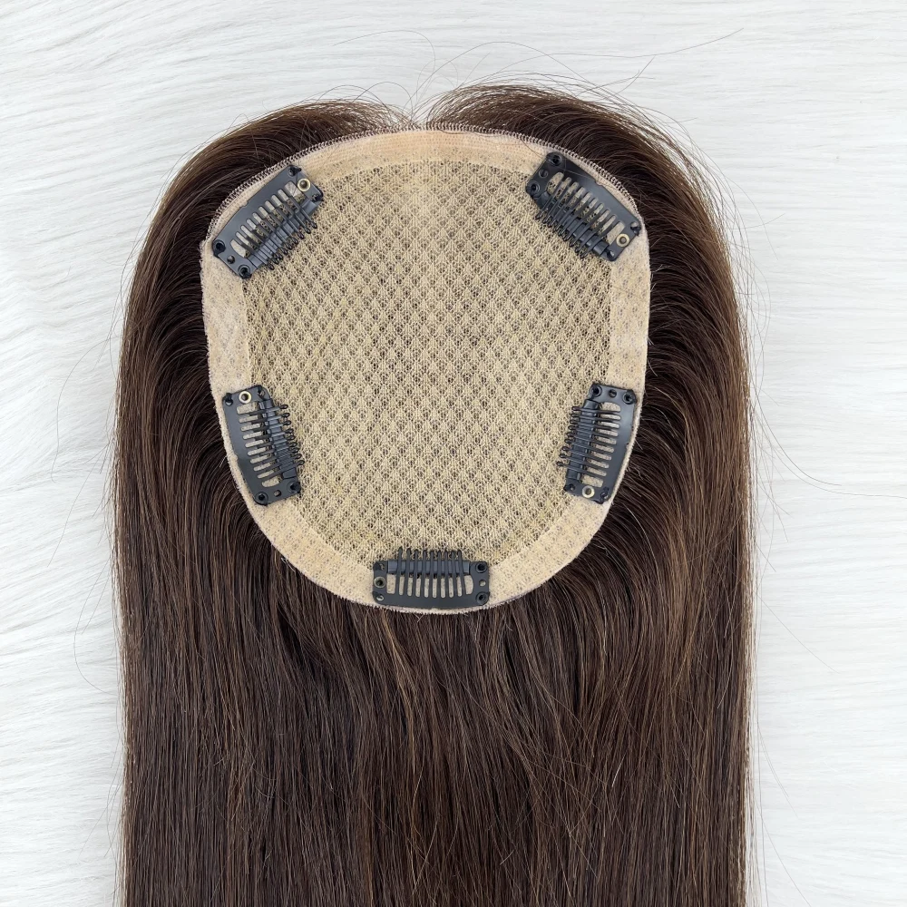 15x17cm Dark Brown Human Hair Topper Silk Top Breathable Virgin Hair European Silk Base Soft Hair Piece With Clips in for Women