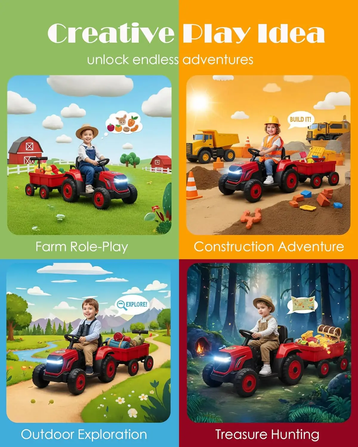 Kleinkinder fahren mit Traktor mit abnehmbarem Gartenwagen, 12-V-Elektro-Kinderfahrzeugspielzeug mit Anhänger, ferngesteuert bis zu 2,5 Meilen pro Stunde