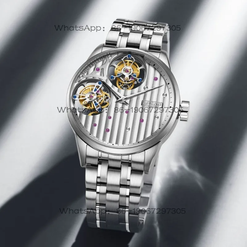 Manual Stainless Steel Hollow Double Tourbillon Mechanical Men's Watch 7075 Wristwatch