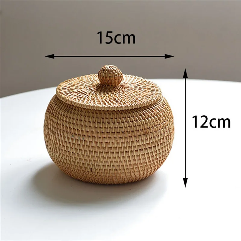 Round Rattan Box with Lid, Hand Woven Storage Box, Multifunctional Desktop Tray Storage Basket Decoration for Home