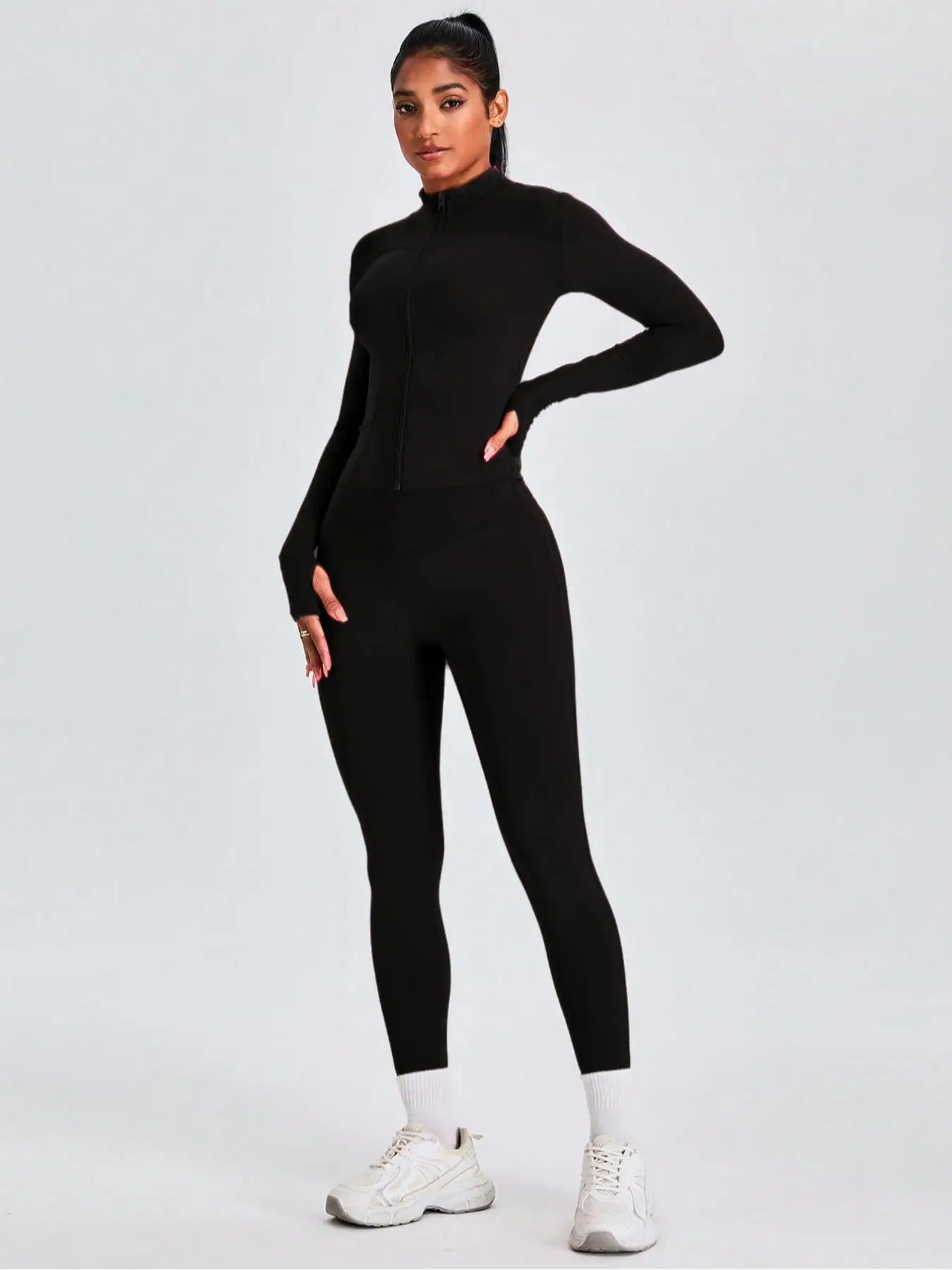 Fitfemme Two-piece Set Women's Solid Zip UpMock Neck Sports Jacket & HighWaist Leggings Set, SportyBreathable Quick Drying image 6