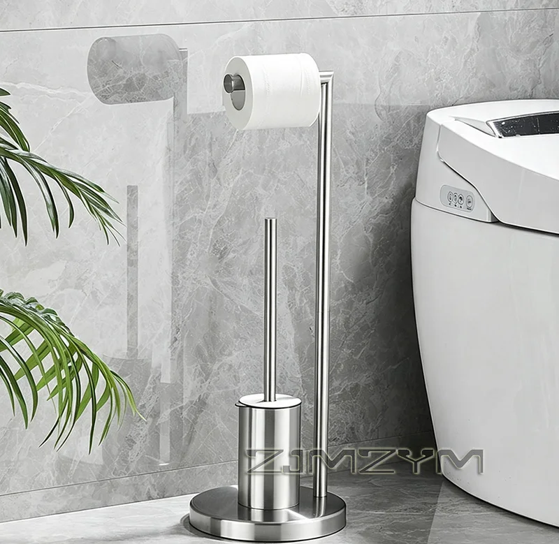 Stainless Steel Toilet Brush Holder with Toilet Paper Holder Floor Standing Cleaning Tools Brush Set for Bathroom Organization