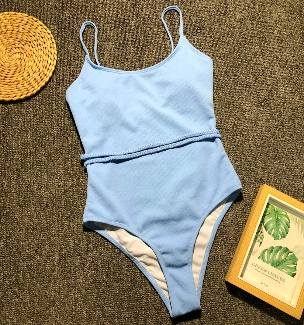 Bikini de una pieza con cinturón para mujer, traje de baño liso con realce, Halter, ropa de playa