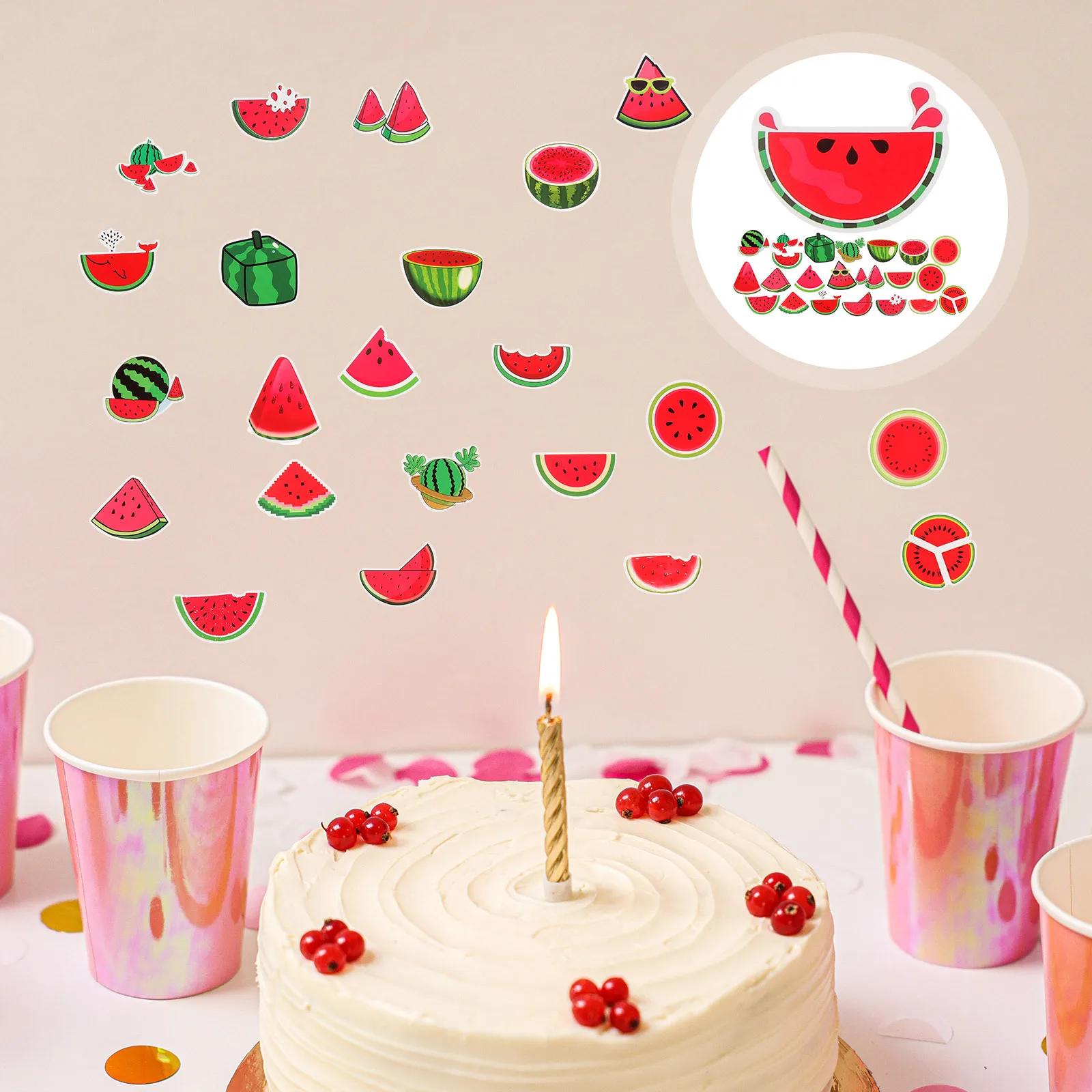 

50Pcs Watermelon Themed Stickers Summer Decorations for Party Birthday Beach Event DIY Decals for Notebook Calendar Art
