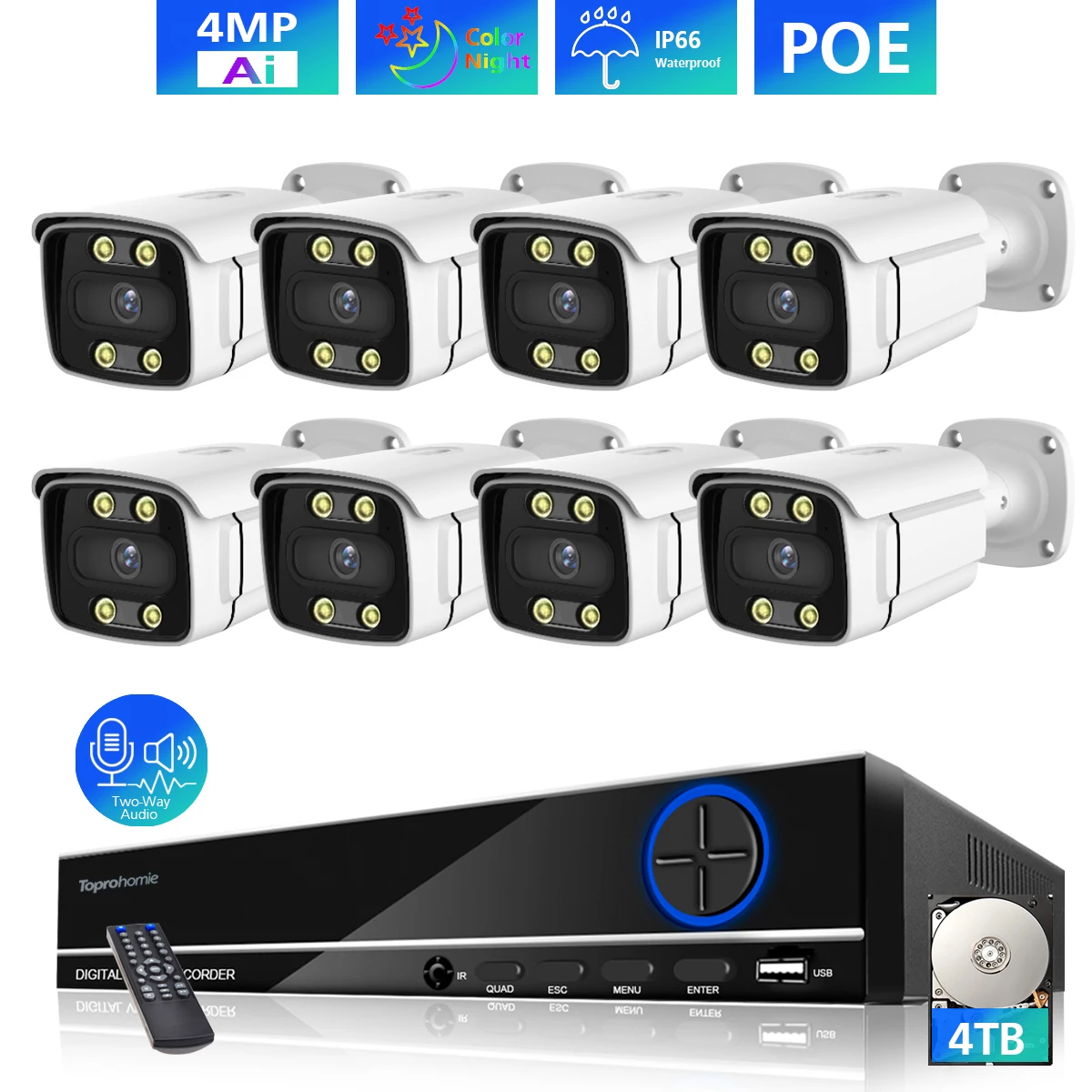 toprohomie 8ch poe nvr kit 4mp ai cor visao noturna audio em dois sentidos a prova d8agua camera ip 8ch sistema de vigilancia da camera de seguranca 01