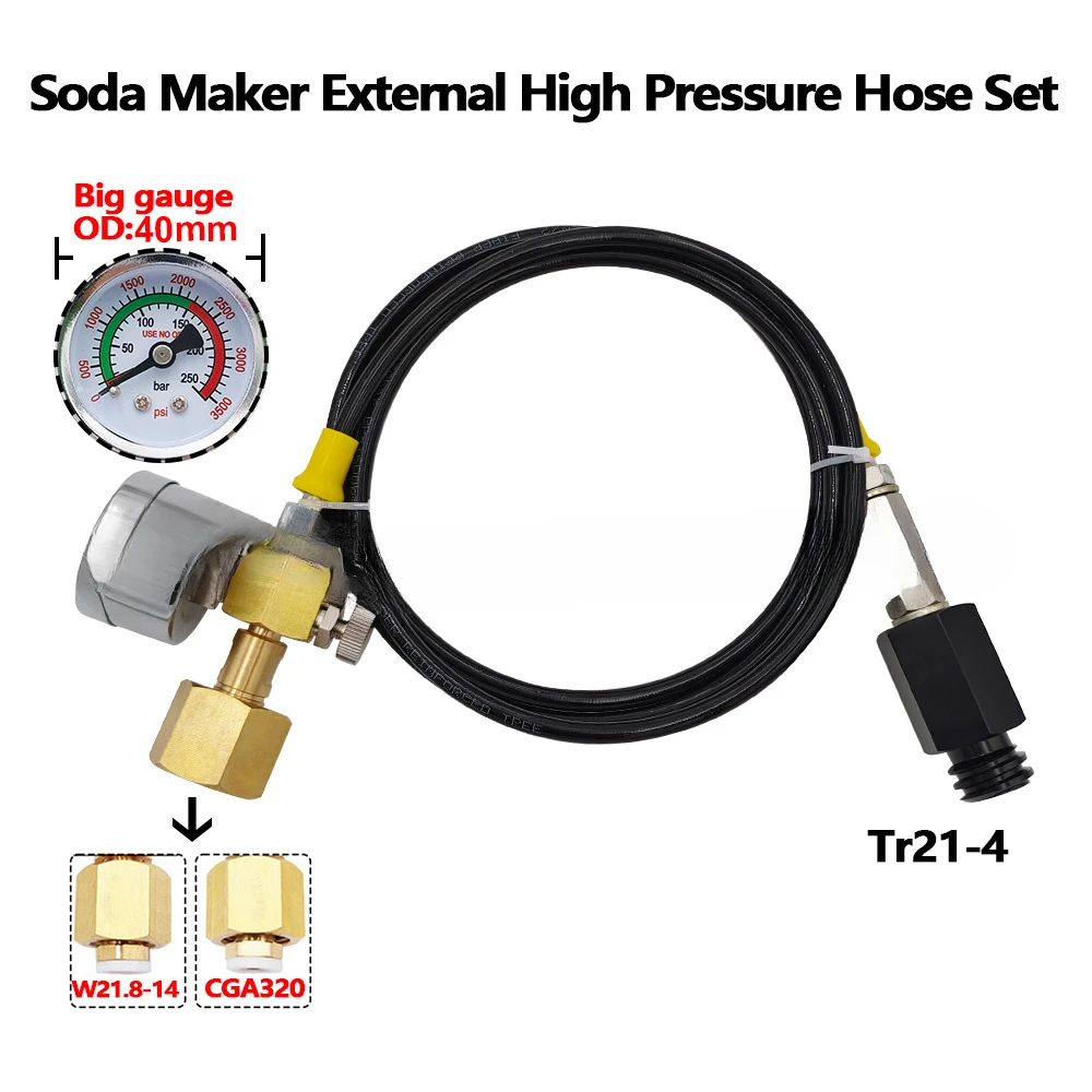 

Sodastream soda sparkling water machine connected to carbon dioxide large bottle gas pipe 3500psi pressure gauge