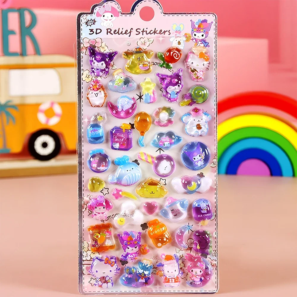 3D Relief Stickers Cartoon Kawaii Sanrio Kuromi My Melody Crystal Decals Speelgoed Waterdichte Kinderen Beloning Sticker Geschenken