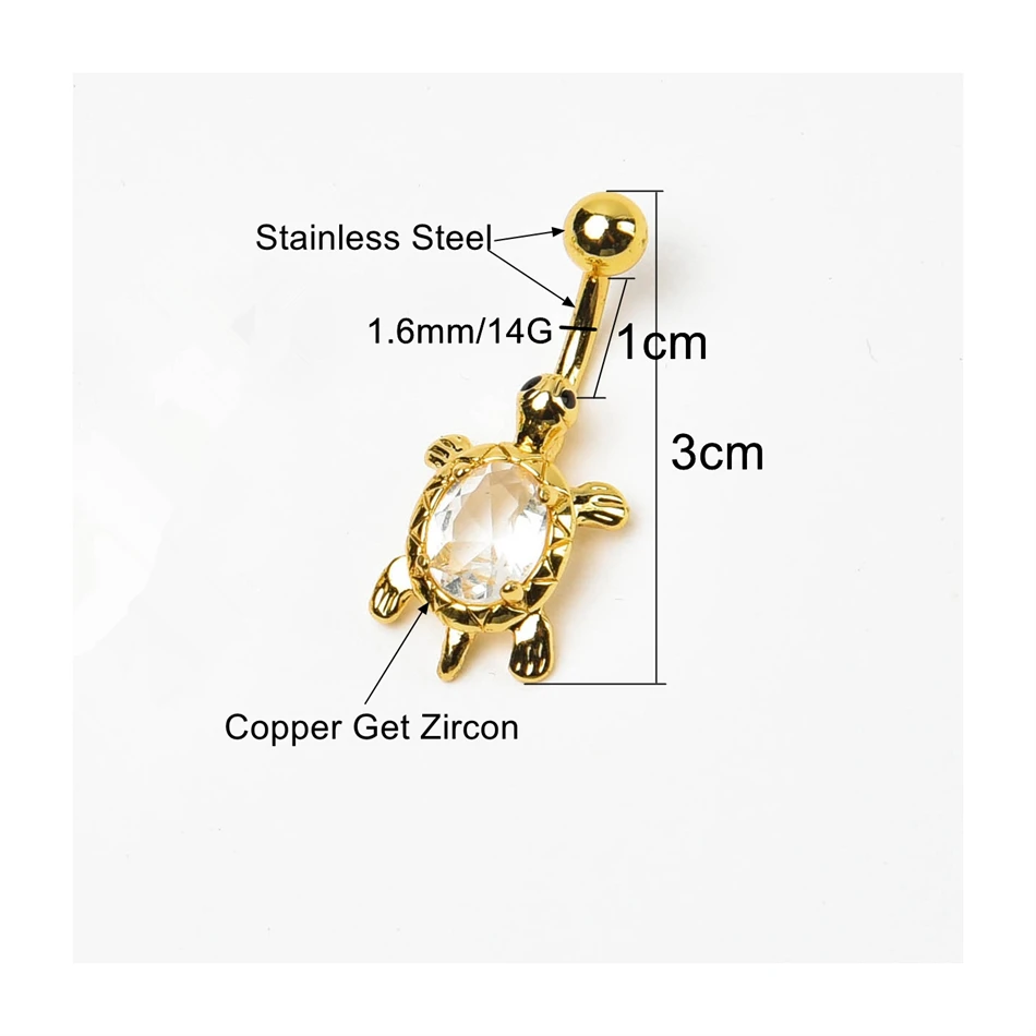 Bright Zircon Turtle Belly Button Ring 14G Stainless Steel Navel Piercing Jewelry Women Body Jewelry Nombril Beach Accessories