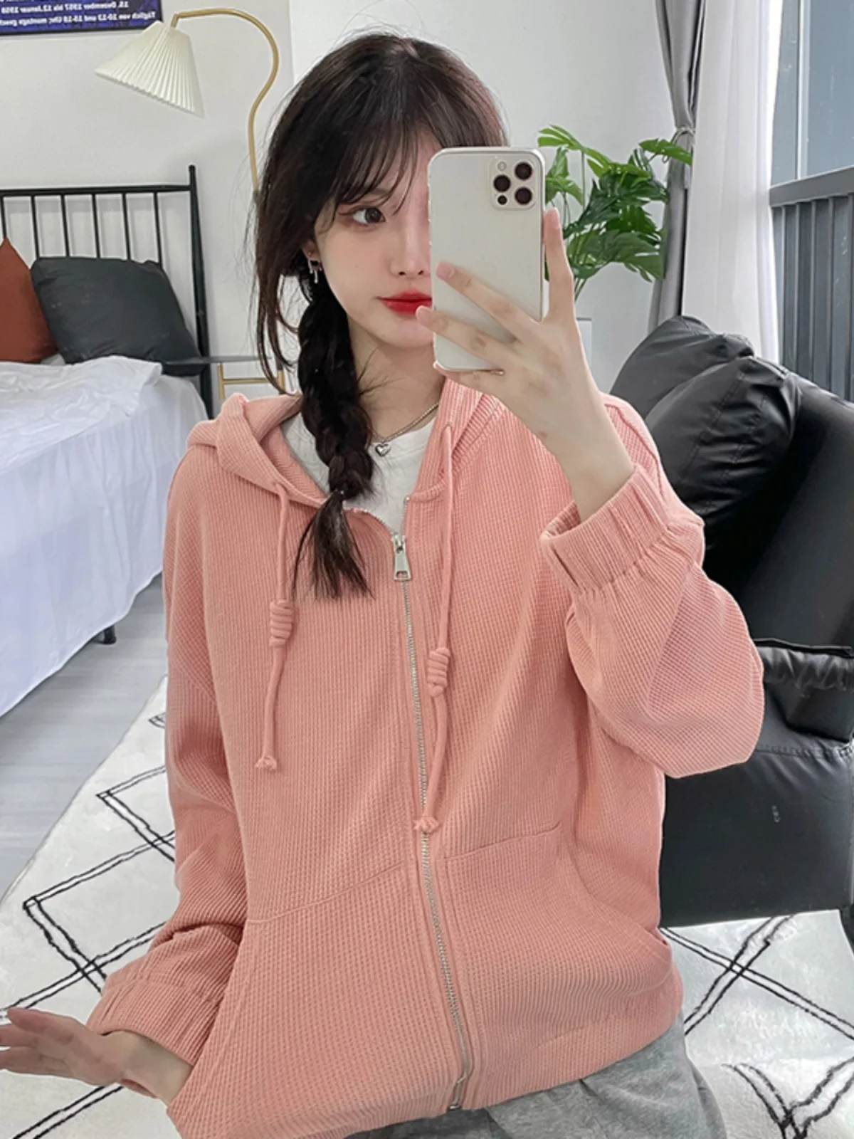 Sweat à capuche décontracté et ample pour femme, Jaet, couleur polyvalente, fermeture à glissière, longueur longue, automne 2024