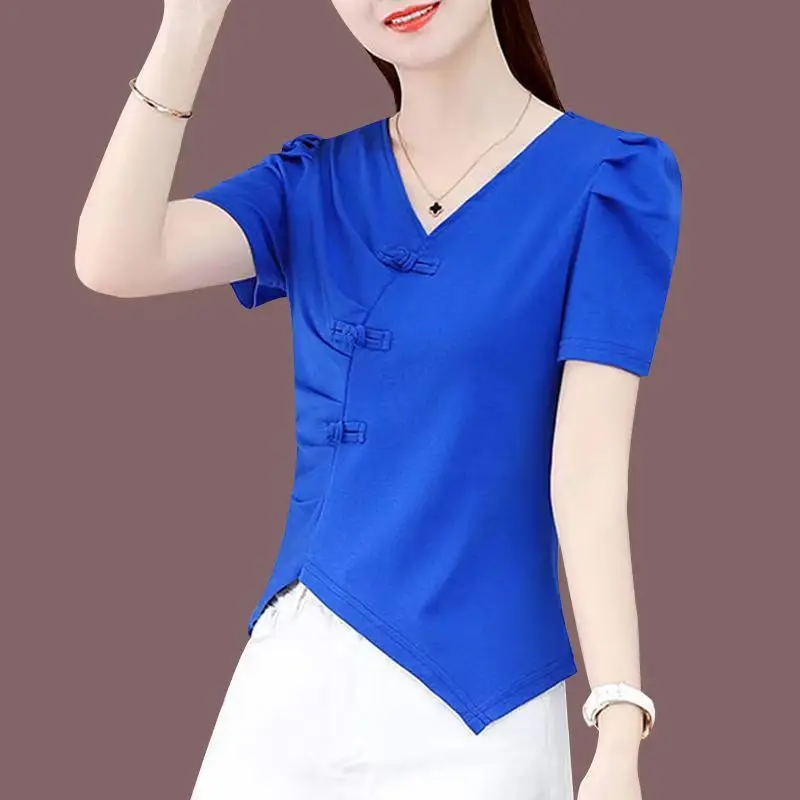 

Fashion V-Neck Solid Color Shirring Asymmetrical Blouse Women's Clothing 2023 Summer New Casual Pullovers Office Lady Shirt