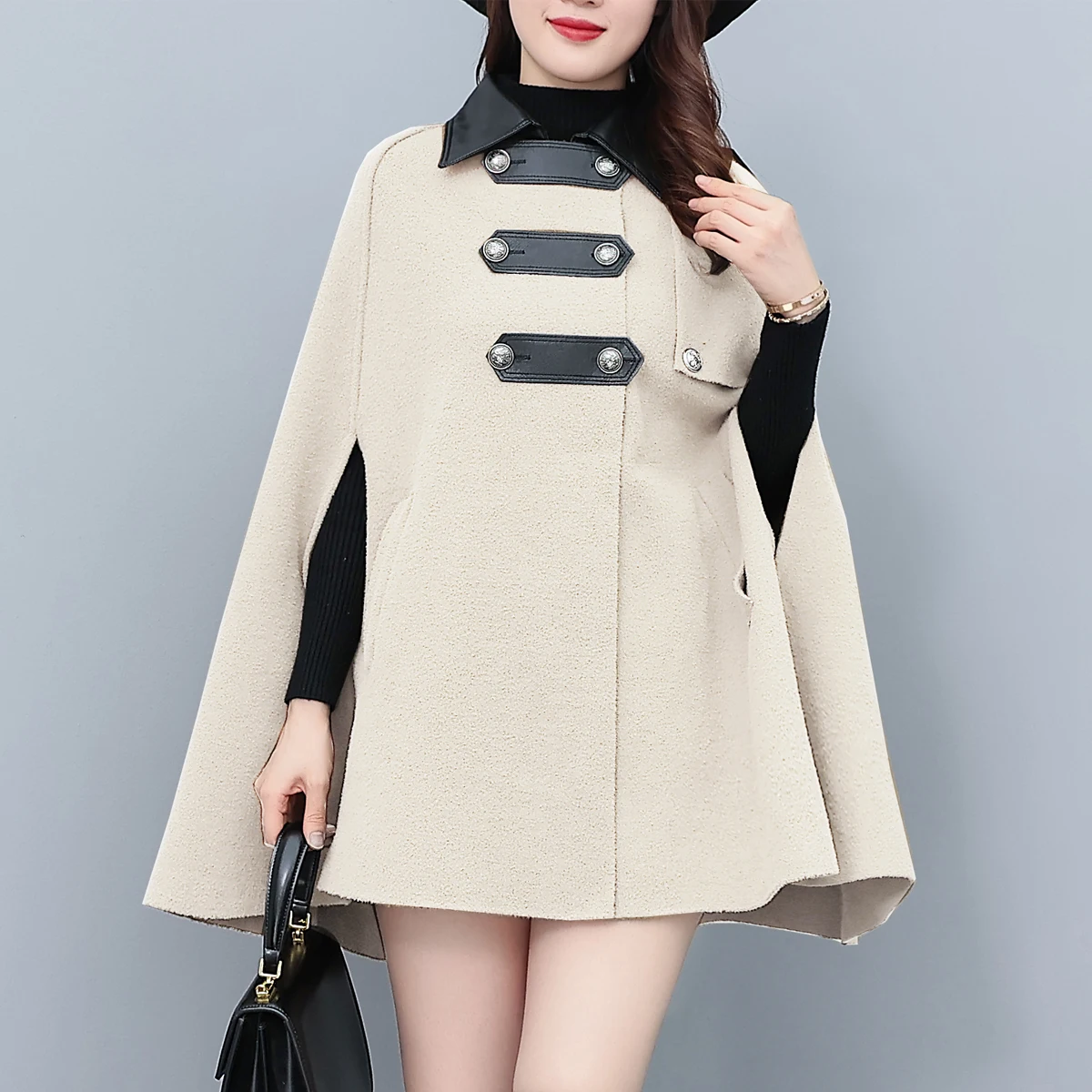 

Retro Autumn Winter Woman Cloak Coat Turn-down Collar Thick Capes Woolen Coats Shawl Double Breasted Poncho Jacket Tops