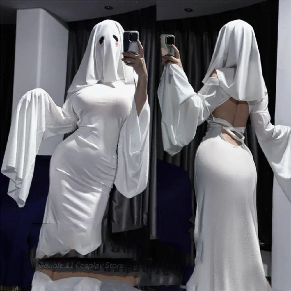 Halloween Female Ghost Cosplay Costume Scare Face Mask Cape Scream Outfit Adult Women Sexy Slim Fishtail Dress Clothes