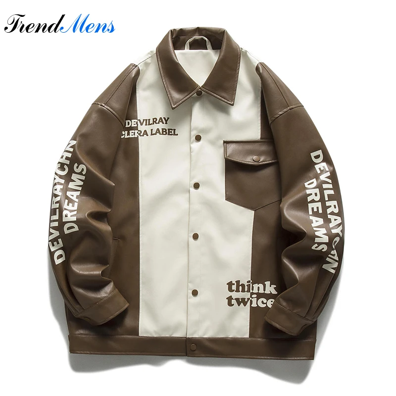 

Spring Autumn PU Leather Coat Men Casual Loose Streetwear Contrast Panel Letter Vintage Hip Hop Baseball Jacket Unisex