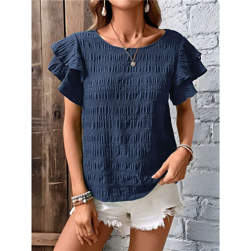 【SEE】สตรีฤดูร้อนเสื้อ Ruffle แขนสั้น Crewneck เสื้อ Textured สุภาพสตรี Elegant เสื้อธุรกิจ Dressy Casual