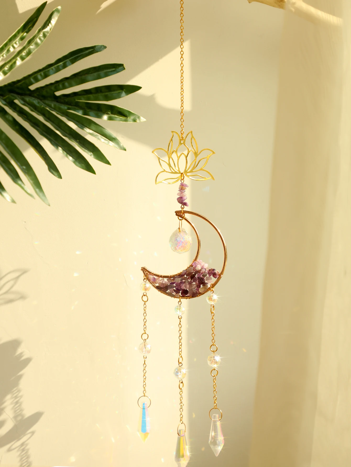 Suncatcher Lotus Moon Purple Crystal Wind Chime Window Wall Hanging Rainbow Maker Light Catcher Home Garden Decor Crafts Gift