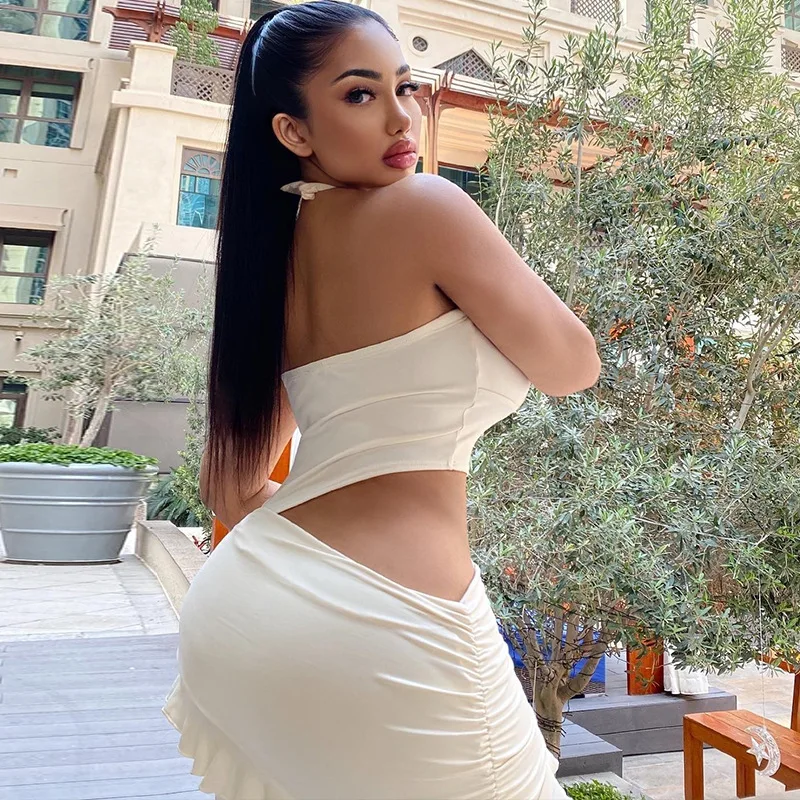 STYLISH LADY Ruffle Dress 2025 Summer Women Halter Backless Cut Out Bodycon Draped Sexy Club Party Black White Mini Dresses