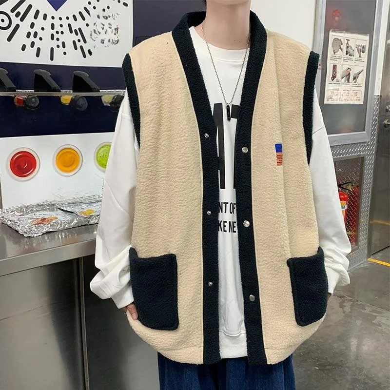 

Мужской свободный повседневный жилет из овечьей шерсти с V-образным вырезом и подплечниками, осенне-зимний, в стиле колор-блок, большие размеры, молодежный, модный, до 300 фунтов