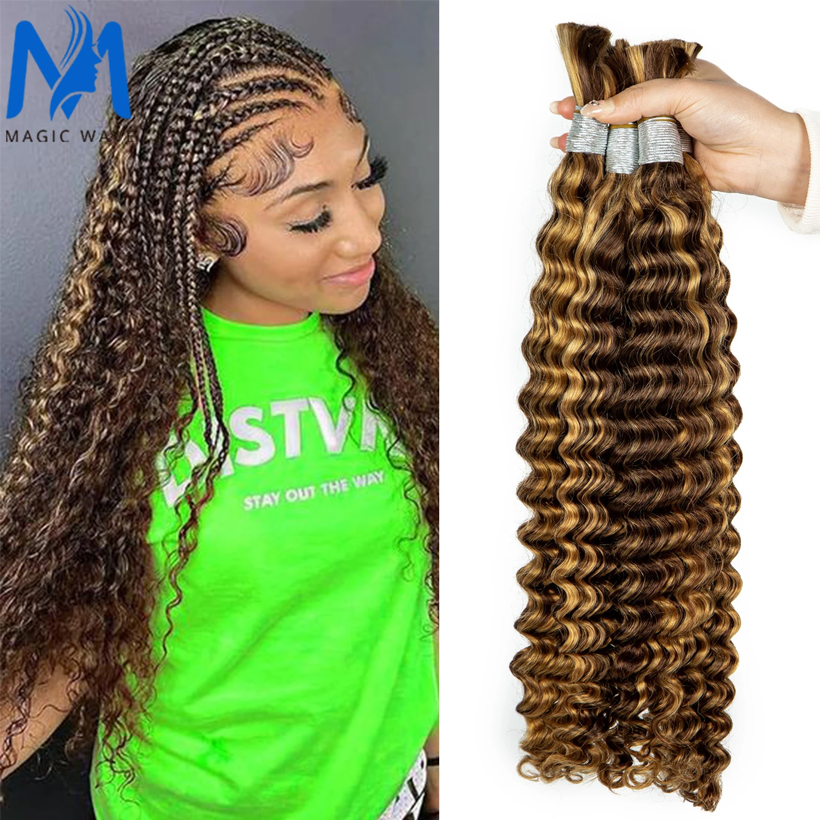 

4/27 Highlight Bulk Human Hair for Braiding Honey Blonde Deep Wave Human Hair Bundles No Weft Bundles for Women Hair Extensions