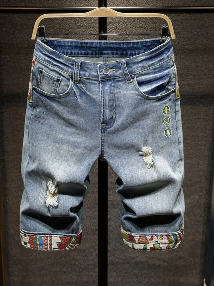 New Summer Fashion Trend Ripped Straight Tube Printed Denim Shorts Men's Casual Loose Comfortable Sports High Quality Pants - Image 5