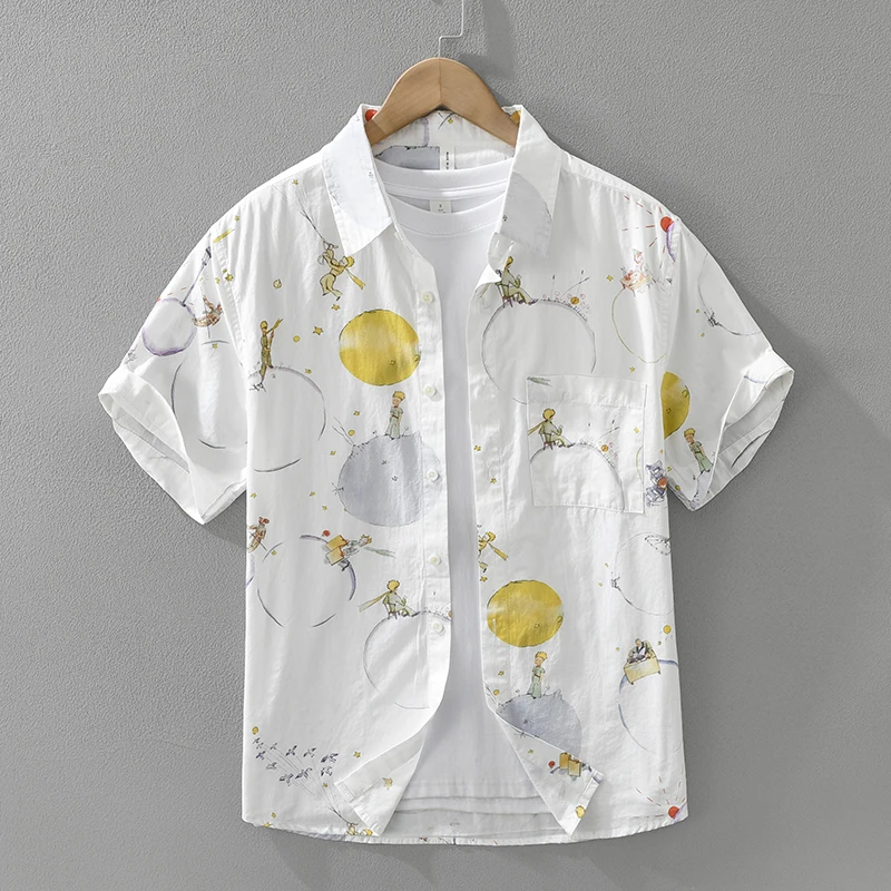 

Cartoon Print Shirt for Men Casual Loose Oversized Cotton Short Sleeve Shirts 2025 Summer New Fashion Men's Clothing
