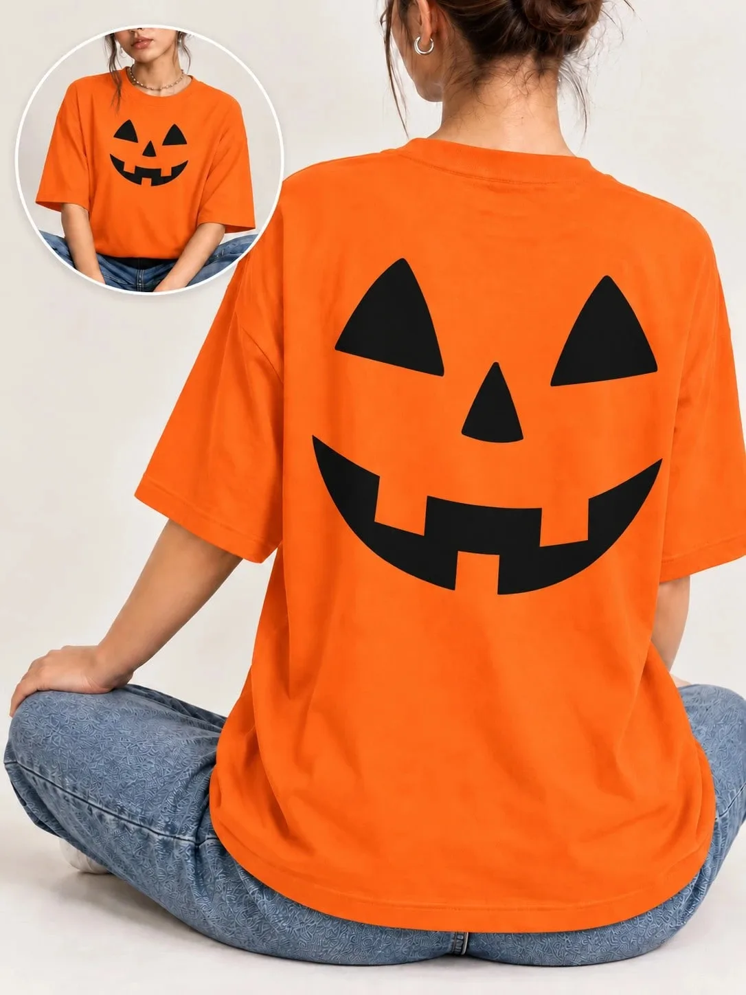 Halloween Women's Classic Smiling Jack-O'-Lantern Face Print T-Shirt Cute Fashion Casual Crew Neck Short Sleeve Tee Outfit