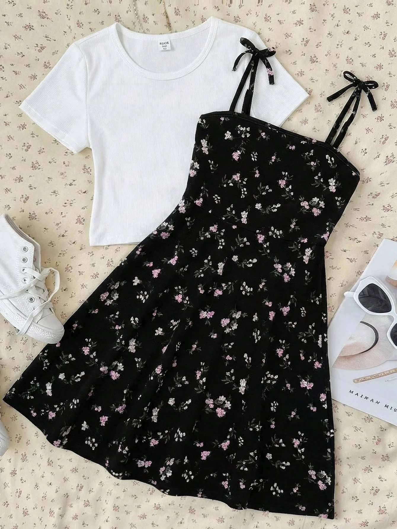 

Black Floral Camisole Dress With White Short Sleeve T-Shirt Set